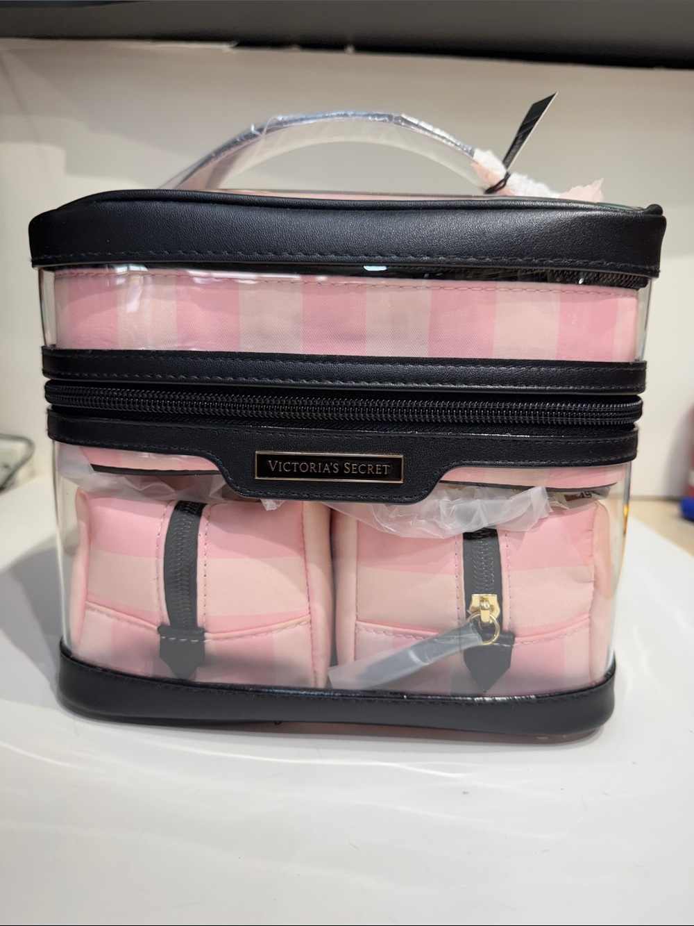 Victoria's Secret Pink Clear Cosmetic Carry Case with Black Trim
